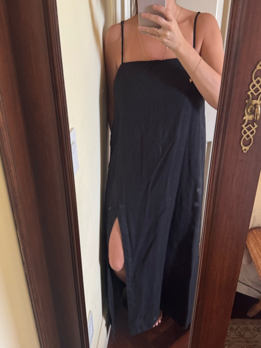 POSSE Black Linen Theo Midi Dress Square Neck Adjustable Straps Slit Size Large